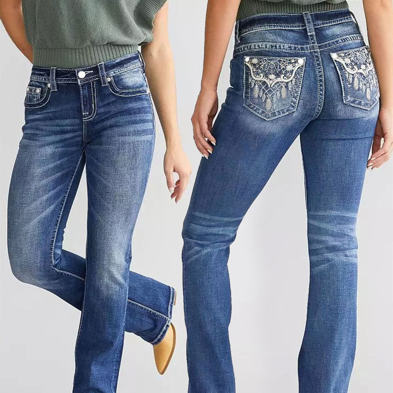 Women's Embroidery Denim Bootcut Trousers Fashion