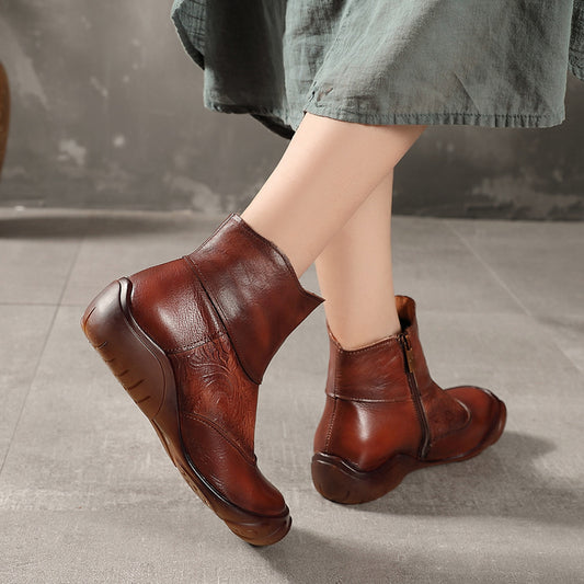 Women's leather boots with round head