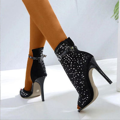 Fashion Sandals Fish Mouth Super High Heel Buckle Strap Rhinestone Sandals