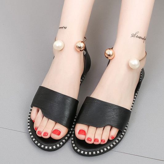 Flat-Bottomed Pearl Buckle Comfortable Sandals Korean Fashion Student Open-Toed Casual Women'S Shoes Trend