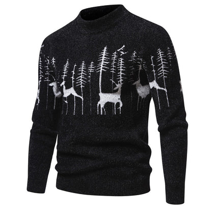 Fall Winter Men Sweater Slim Bottoming Shirt Trendy Round Neck Pullover Christmas Deer Printed Sweater