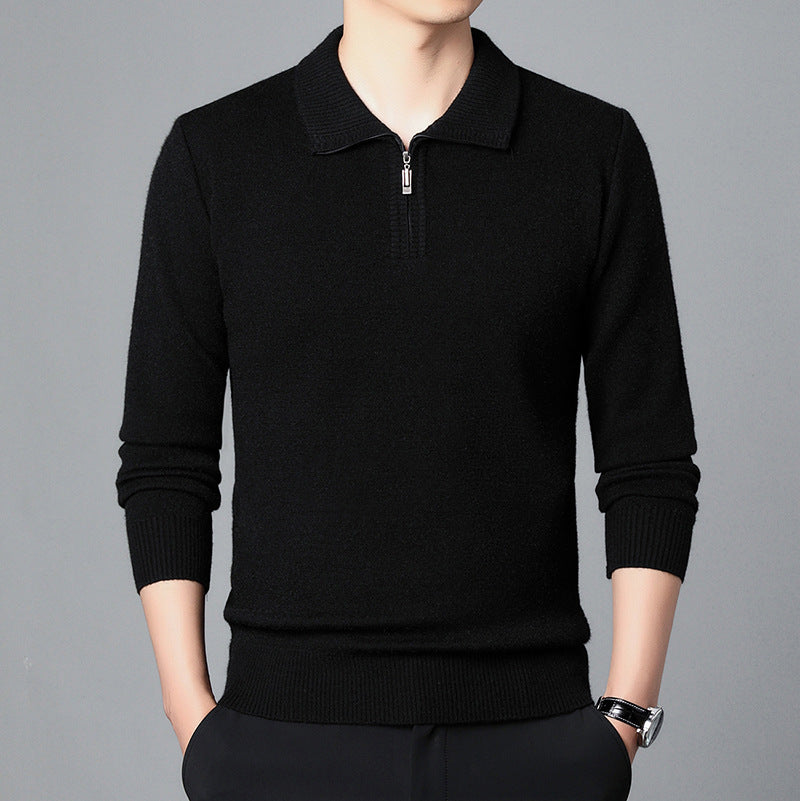 100 Wool T-shirt Trendy High-end Men's Lapel Pullover Long Sleeve Knitted Sweater