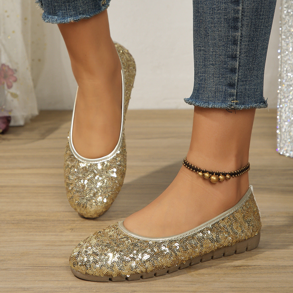 Spring NEW Round Head Shallow Mouth Sequin European And American Large Size Flat Bottom Pumps Women