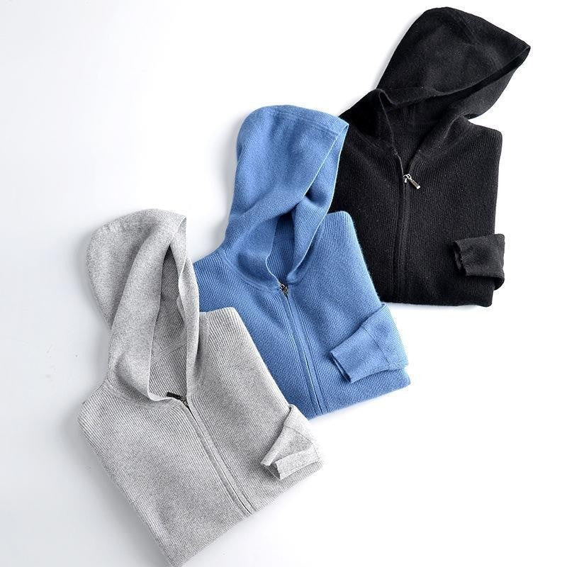 Men's Zipper Solid Color Hooded Sweater Cardigan