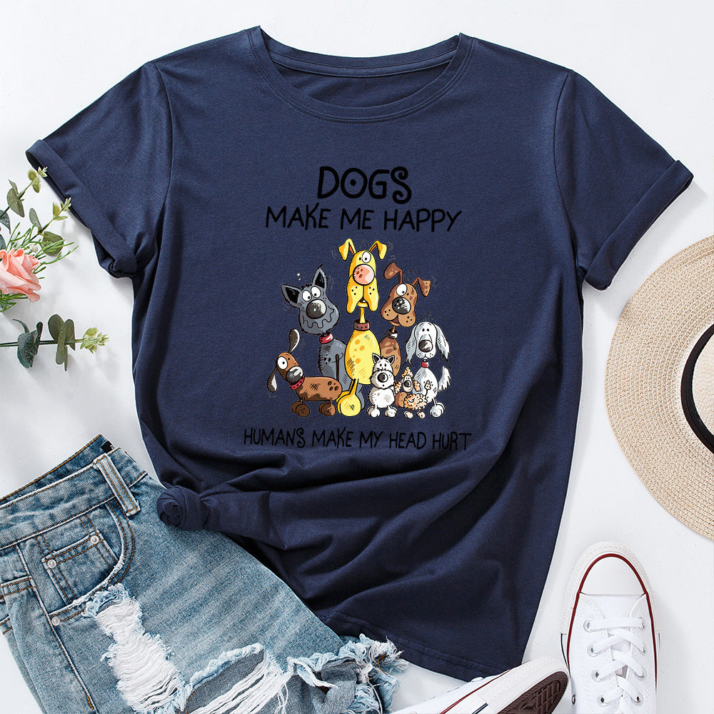 Women's Dog Printed Loose Round Neck Short Sleeve T-shirt