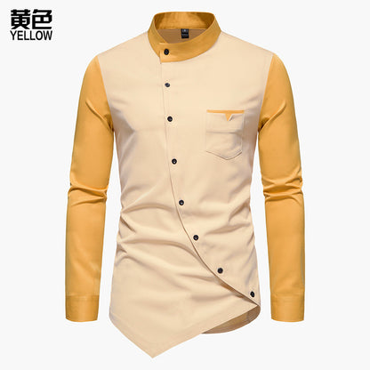 Oblique Button Irregular Contrast Color Henry Collar Long Sleeve Shirt