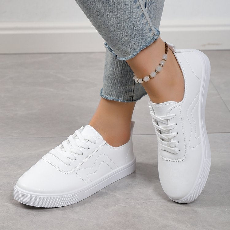 Round Toe Flat Bottom Lace Up Casual Comfortable White Shoes