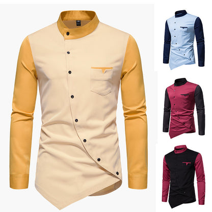 Oblique Button Irregular Contrast Color Henry Collar Long Sleeve Shirt