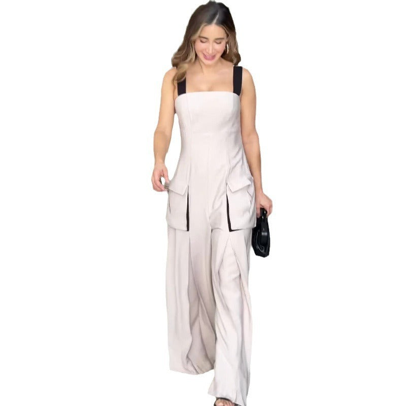 Contrast Casual Style Square Collar Sling Wide Leg Jumpsuit