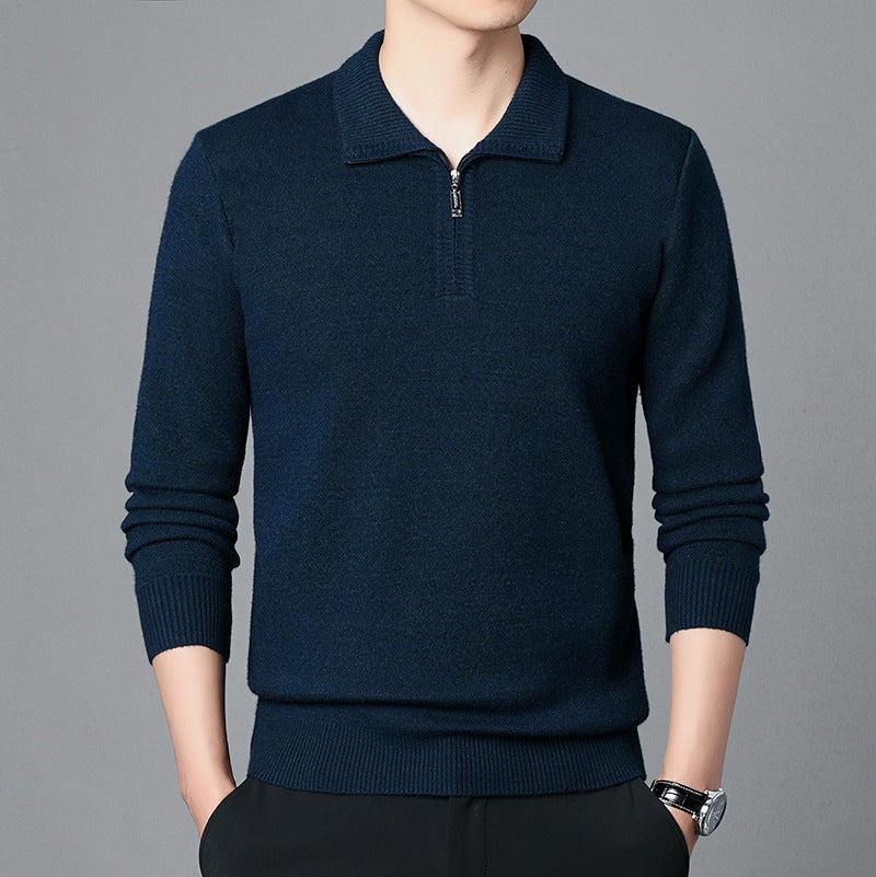 100 Wool T-shirt Trendy High-end Men's Lapel Pullover Long Sleeve Knitted Sweater