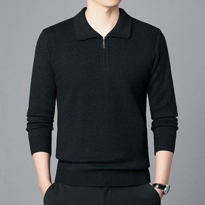 100 Wool T-shirt Trendy High-end Men's Lapel Pullover Long Sleeve Knitted Sweater