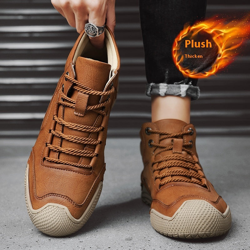 Men's Hand-stitched Middle High Top Genuine Leather Flat Casual Shoes