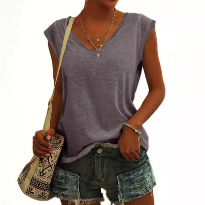 Women's Fashion Casual Solid Color And V-neck Short Sleeve