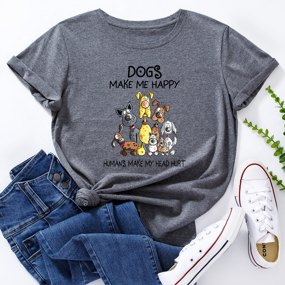 Women's Dog Printed Loose Round Neck Short Sleeve T-shirt