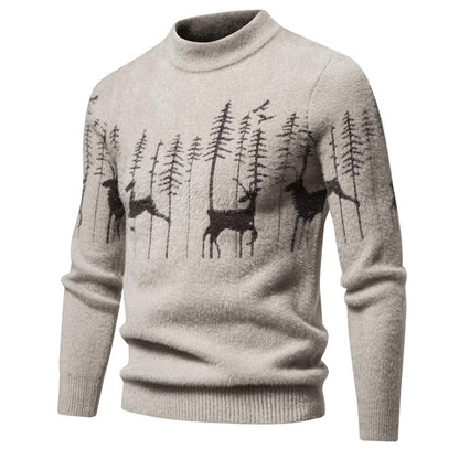 Fall Winter Men Sweater Slim Bottoming Shirt Trendy Round Neck Pullover Christmas Deer Printed Sweater