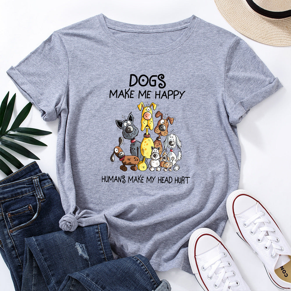 Women's Dog Printed Loose Round Neck Short Sleeve T-shirt