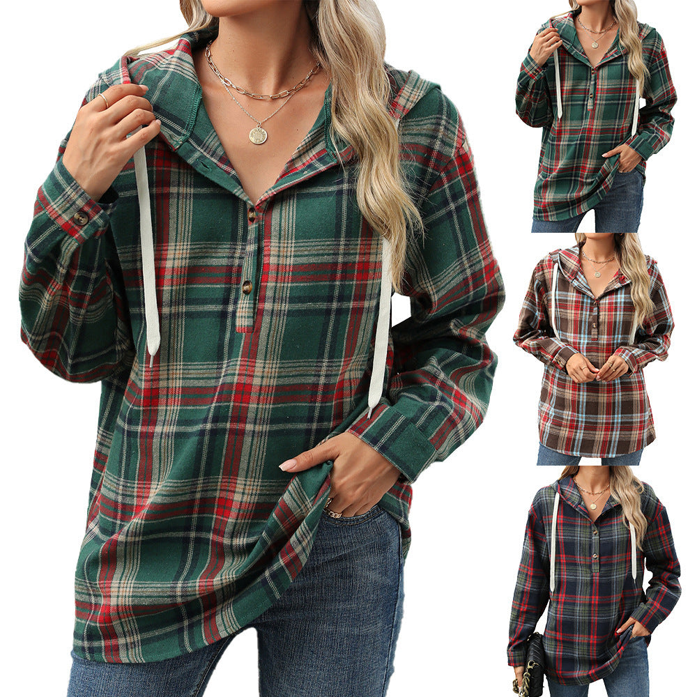 Fashion Plaid Print Hooded Sweatshirt With Button Loose Long Sleeve Hoodies Leisure Sports Top For Womens Clothing