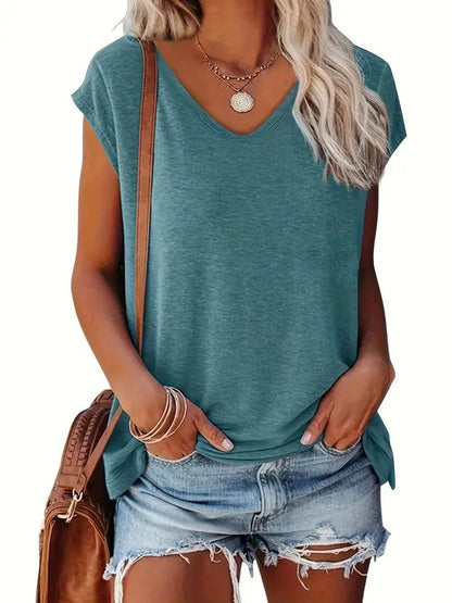 Women's Fashion Casual Solid Color And V-neck Short Sleeve