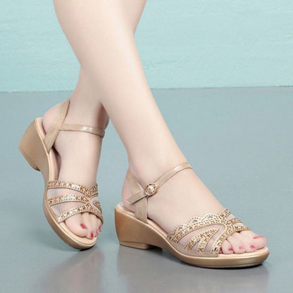 Women's Soft Leather Sandals Summer Hollow Mesh Peep Toe Shoes