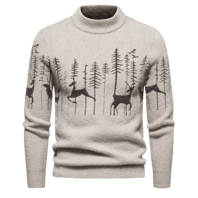 Fall Winter Men Sweater Slim Bottoming Shirt Trendy Round Neck Pullover Christmas Deer Printed Sweater