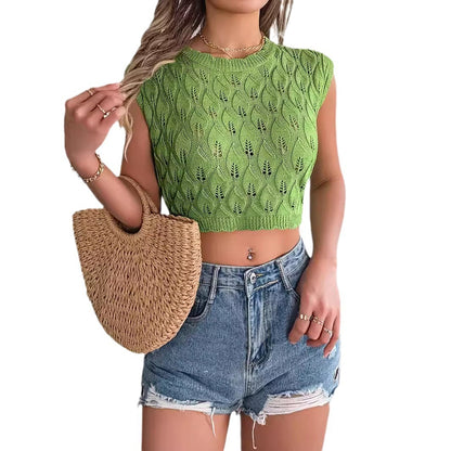 Hollow Leaves Midriff-baring Knitted Sweater Vacation Top