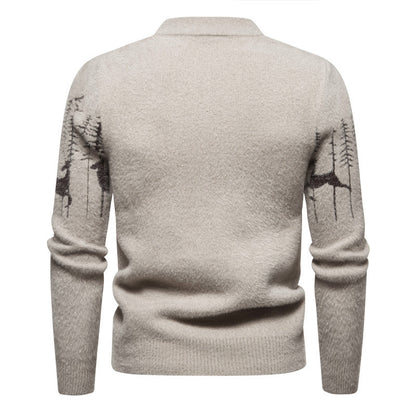 Fall Winter Men Sweater Slim Bottoming Shirt Trendy Round Neck Pullover Christmas Deer Printed Sweater