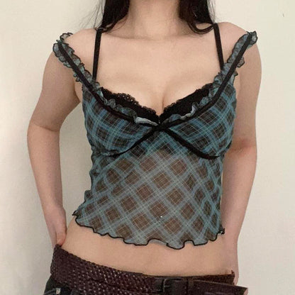 Plaid Lace Stitching Fake Suspenders Vest For Women Lace Suit