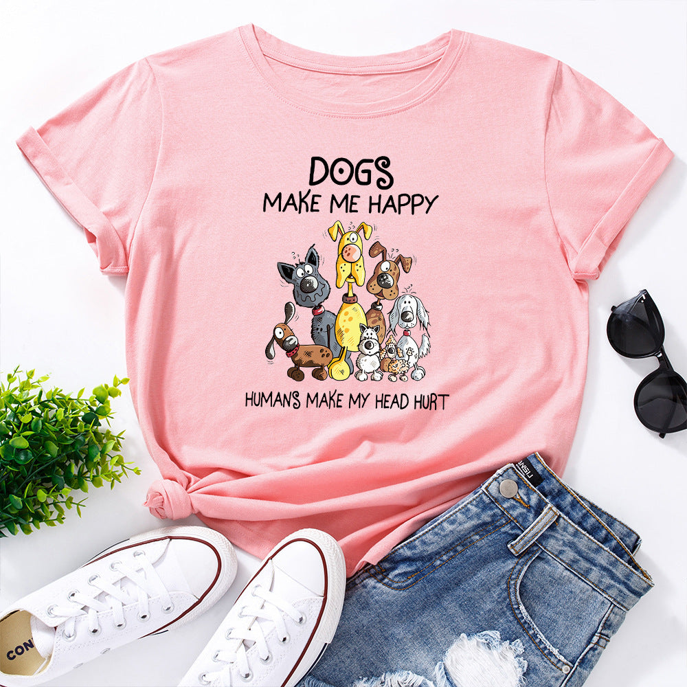 Women's Dog Printed Loose Round Neck Short Sleeve T-shirt