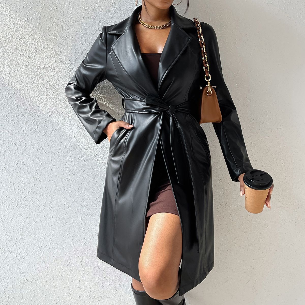 PU Long Sleeve Women's Slim Fit Long Trench Coat