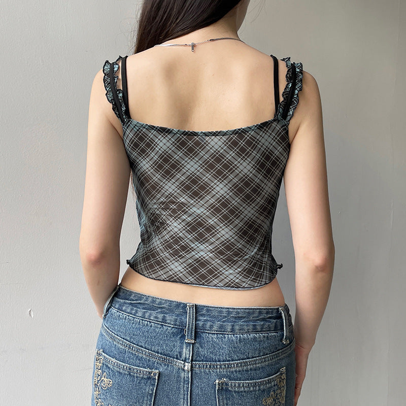 Plaid Lace Stitching Fake Suspenders Vest For Women Lace Suit