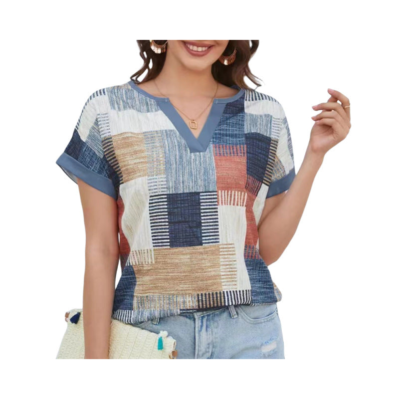 New Women's Foreign Trade Printed V-neck Short-sleeved Casual Top