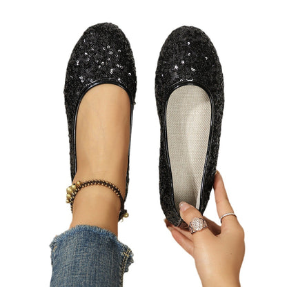 Spring NEW Round Head Shallow Mouth Sequin European And American Large Size Flat Bottom Pumps Women