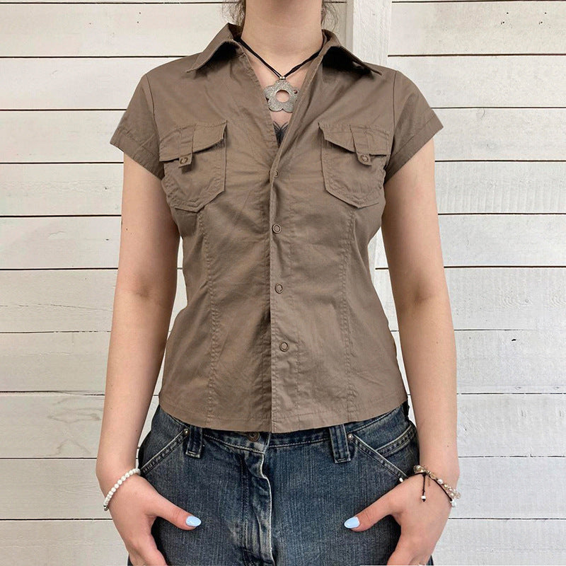 European And American Minimalist Basic Lapel Snap Fastener Tooling Style Shirt Short Sleeve Top