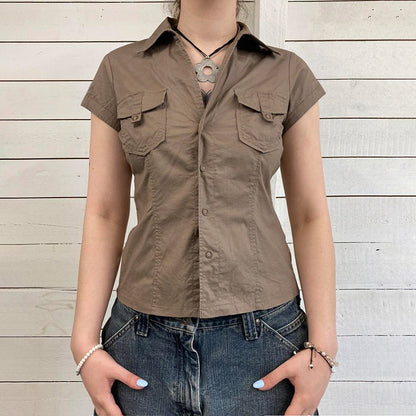 European And American Minimalist Basic Lapel Snap Fastener Tooling Style Shirt Short Sleeve Top