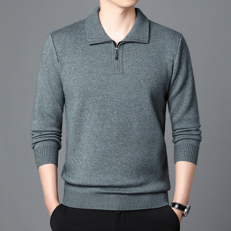 100 Wool T-shirt Trendy High-end Men's Lapel Pullover Long Sleeve Knitted Sweater