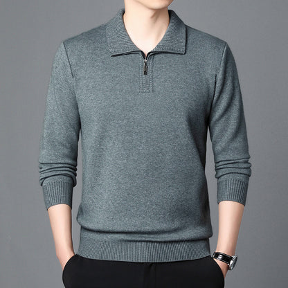 100 Wool T-shirt Trendy High-end Men's Lapel Pullover Long Sleeve Knitted Sweater