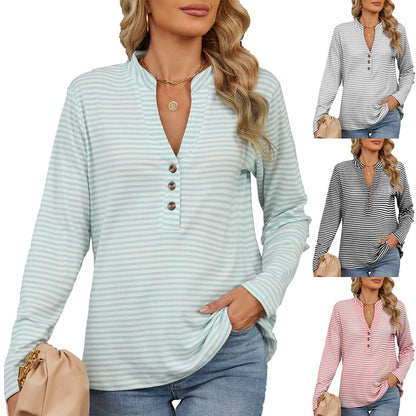 V-neck Buttons Striped Loose Long-sleeved Women Blouse