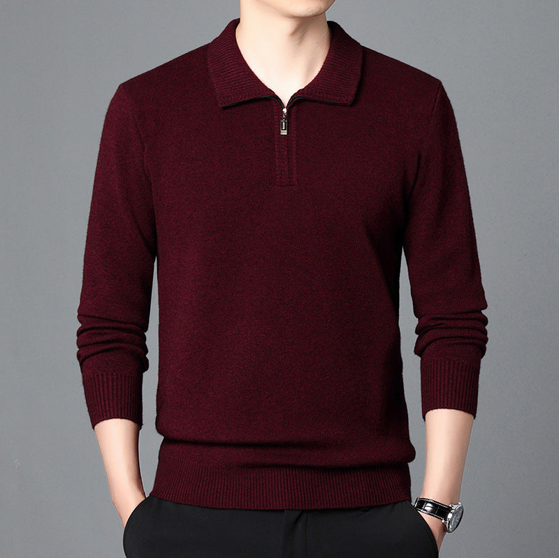 100 Wool T-shirt Trendy High-end Men's Lapel Pullover Long Sleeve Knitted Sweater