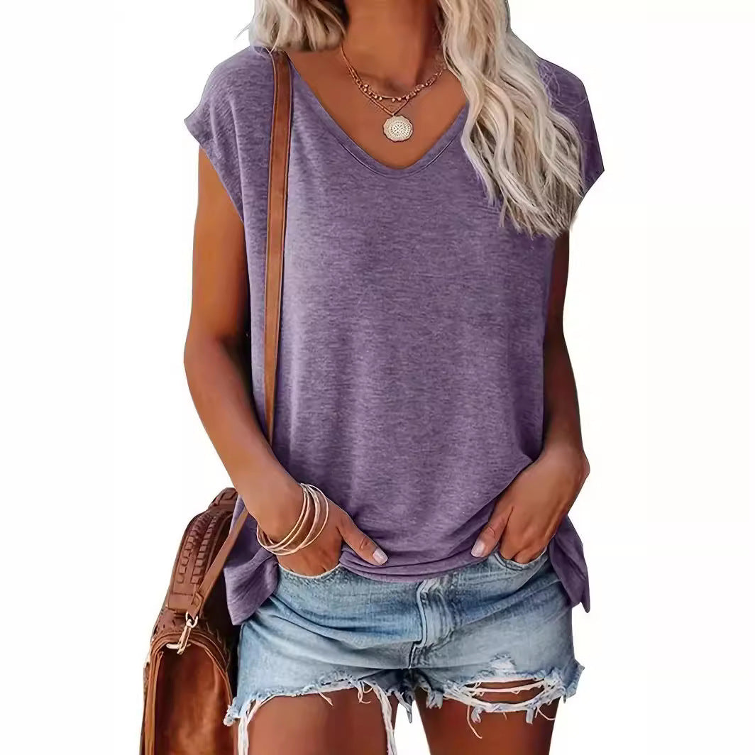 Women's Fashion Casual Solid Color And V-neck Short Sleeve