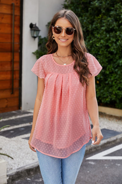 Women's Flying Sleeves Chiffon Shirt Round Neck Dovetail Top T-shirt