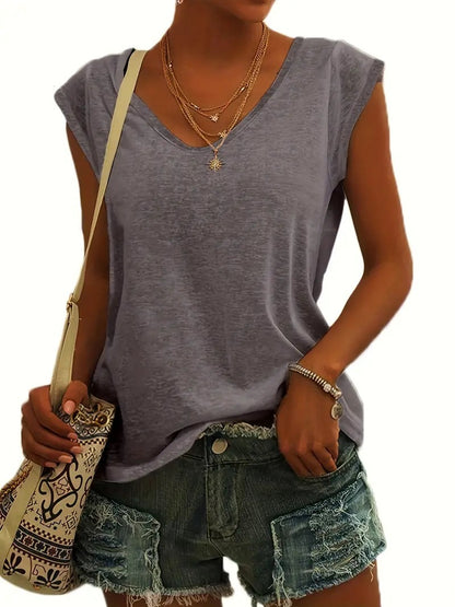 Women's Fashion Casual Solid Color And V-neck Short Sleeve