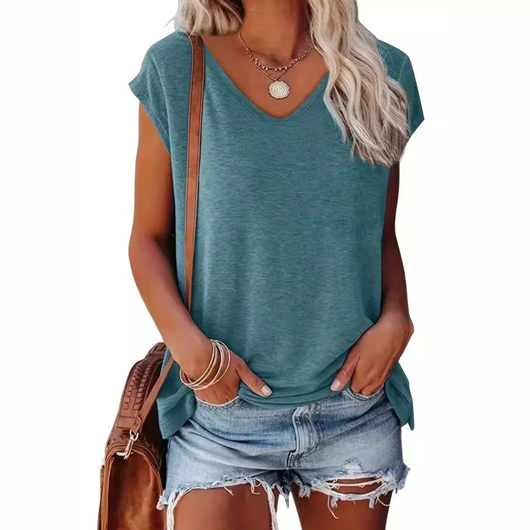 Women's Fashion Casual Solid Color And V-neck Short Sleeve