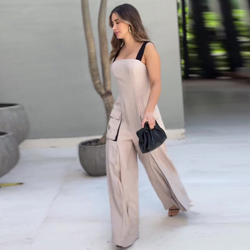 Contrast Casual Style Square Collar Sling Wide Leg Jumpsuit