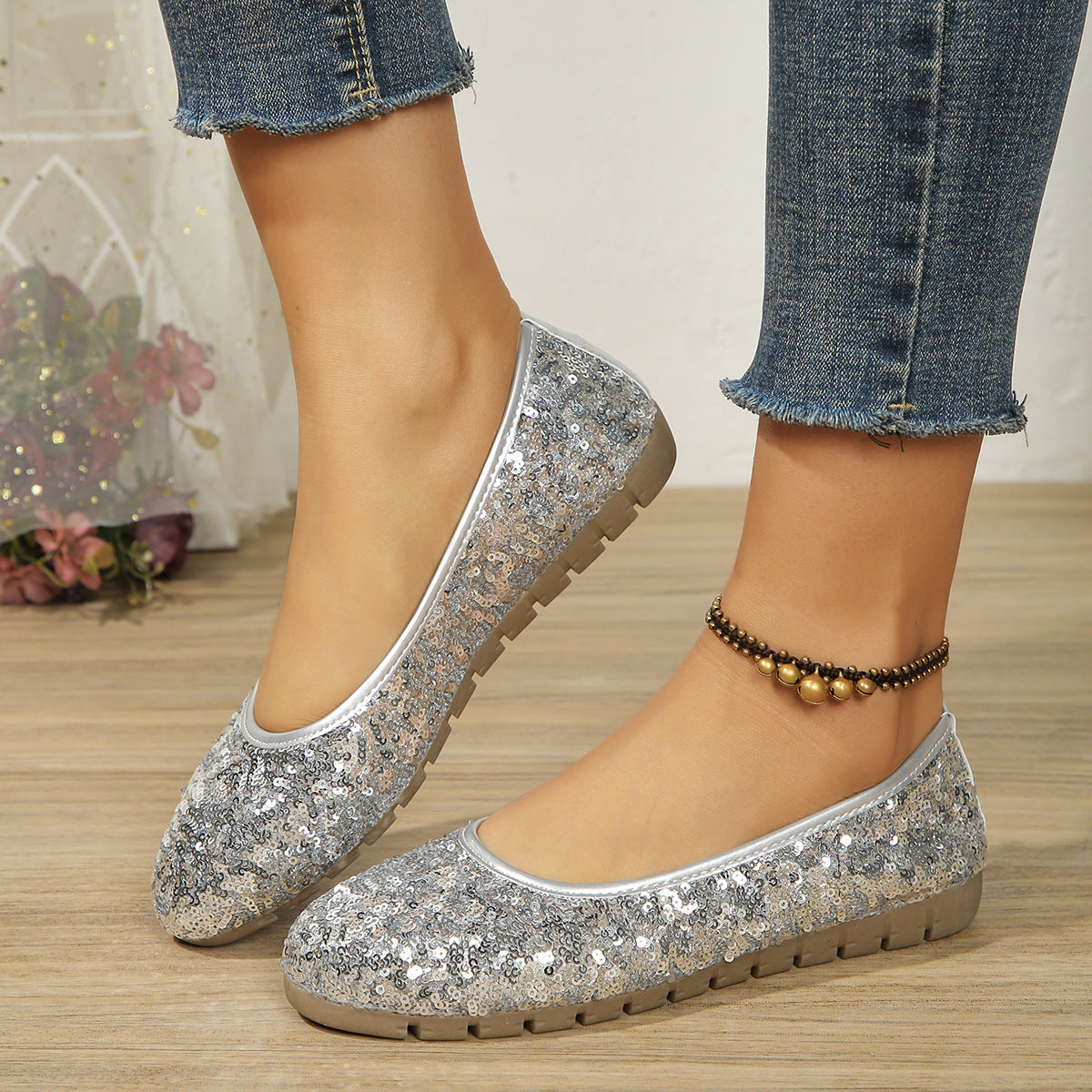 Spring NEW Round Head Shallow Mouth Sequin European And American Large Size Flat Bottom Pumps Women